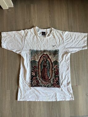 Unisex Nike White Repurposed Religious Patchwork Tee